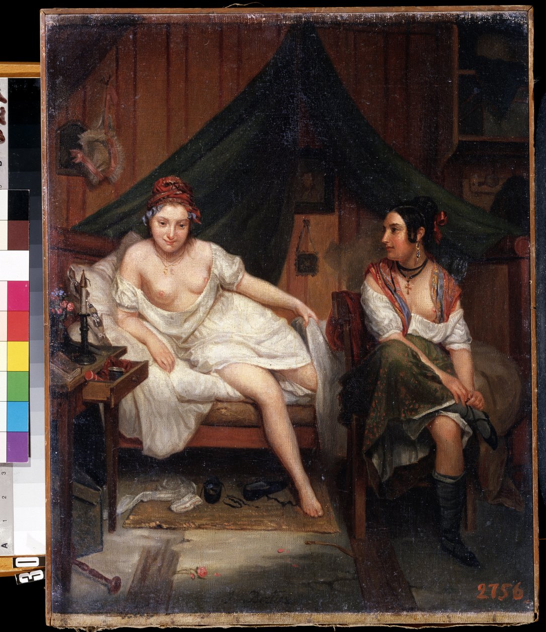 ""Porträtt av två unga kvinnor i negligé, som vaknar efter en natt av kärlek (?)"" (två flickor) Målning av Louis Eugene Bertier (1809-?) Mikhail Kroshitskys konstmuseum från 1800-talet, Sevastopol (Sevastopol) Ukraina av Louis Eugene ) Bertier