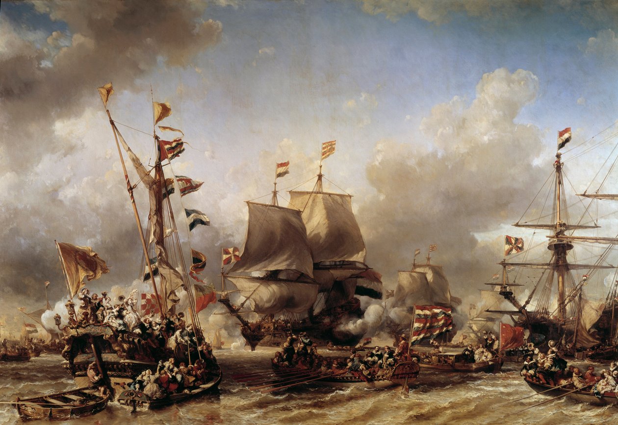 Anglo-holländska kriget: "" Embarking of the Dutch amiral Michel Adrien Ruyter (1607-1676) and William de Witt for the Battle of Texel"" Målning av Louis Gabriel Eugene Isabey (1803-1886) 1800-talets Toulon, marinmuseum av Louis Eugene Gabriel Isabey