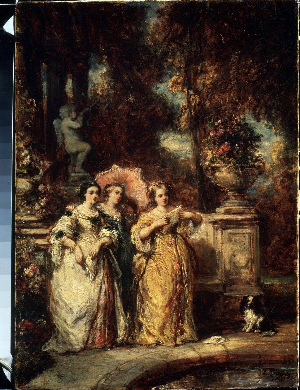 ""La promenade"" (Promenaden) Tre unga flickor från en bra familj i en park. Målning av Louis Gabriel Eugene Isabey (1803-1886) 1852 Pushkin Museum, Moskva av Louis Eugene Gabriel Isabey