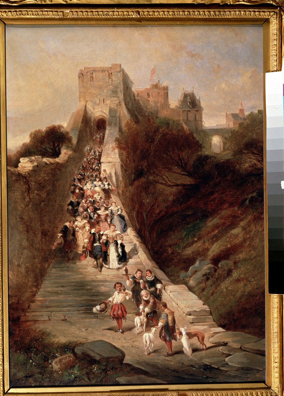 ""Leaving the castle"" (Leaving the castle) En grupp 1600-talsherrar och damer som går ner för den stora ingångstrappan till ett slott. Målning av Louis Gabriel Eugene Isabey (1803-1886) Pushkin-museet från 1800-talet, Moskva av Louis Eugene Gabriel Isabey
