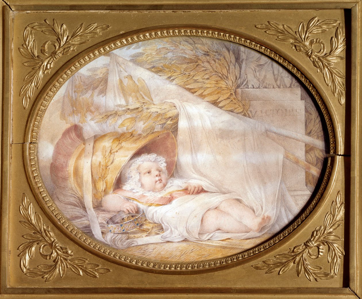 Porträtt av kungen av Rom bebe (1811-1832) i hjälmen av Mars Napoleon II, hertig av Reichstadt, son till kejsar Napoleon I (1769-1821) nyfödd. Svart sten och beige lavapapper av Eugene Isabey (1803-1886) Mars 1811 Sön. 0,21x0,26 m Malmaison, musée d av Louis Eugene Gabriel Isabey