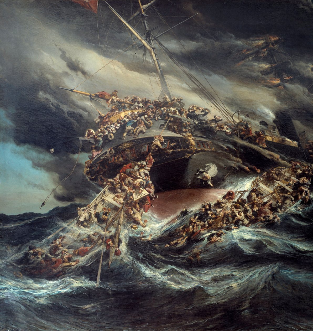 Elden av ångbåten Österrike Scene skeppsbrott av ett fartyg passagerarna försöker fly på båtarna i demonterade havet. Detalj. Målning av Eugene Isabey (1803-1886) av Louis Eugene Gabriel Isabey