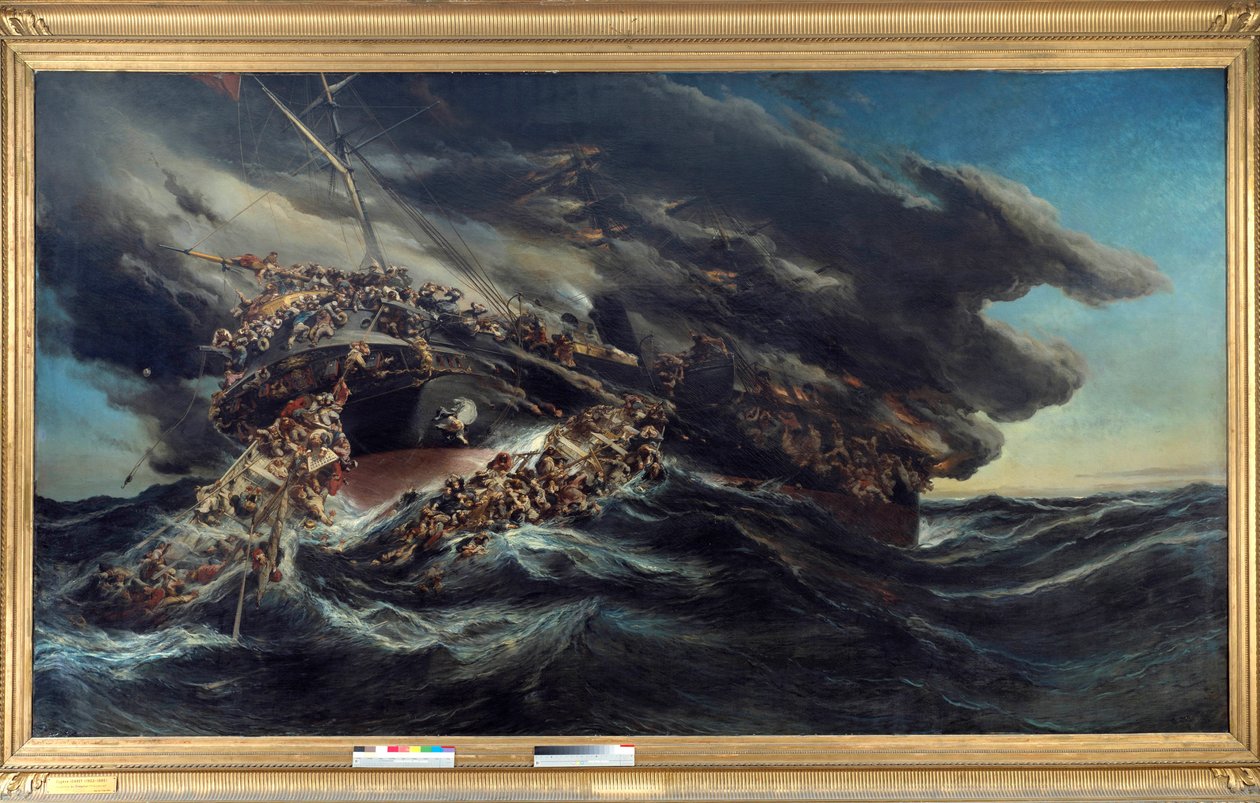 Elden av ångbåten Österrike Scene skeppsbrott av ett fartyg passagerarna försöker fly på båtarna i demonterade havet. Målning av Eugene Isabey (1803-1886) av Louis Eugene Gabriel Isabey