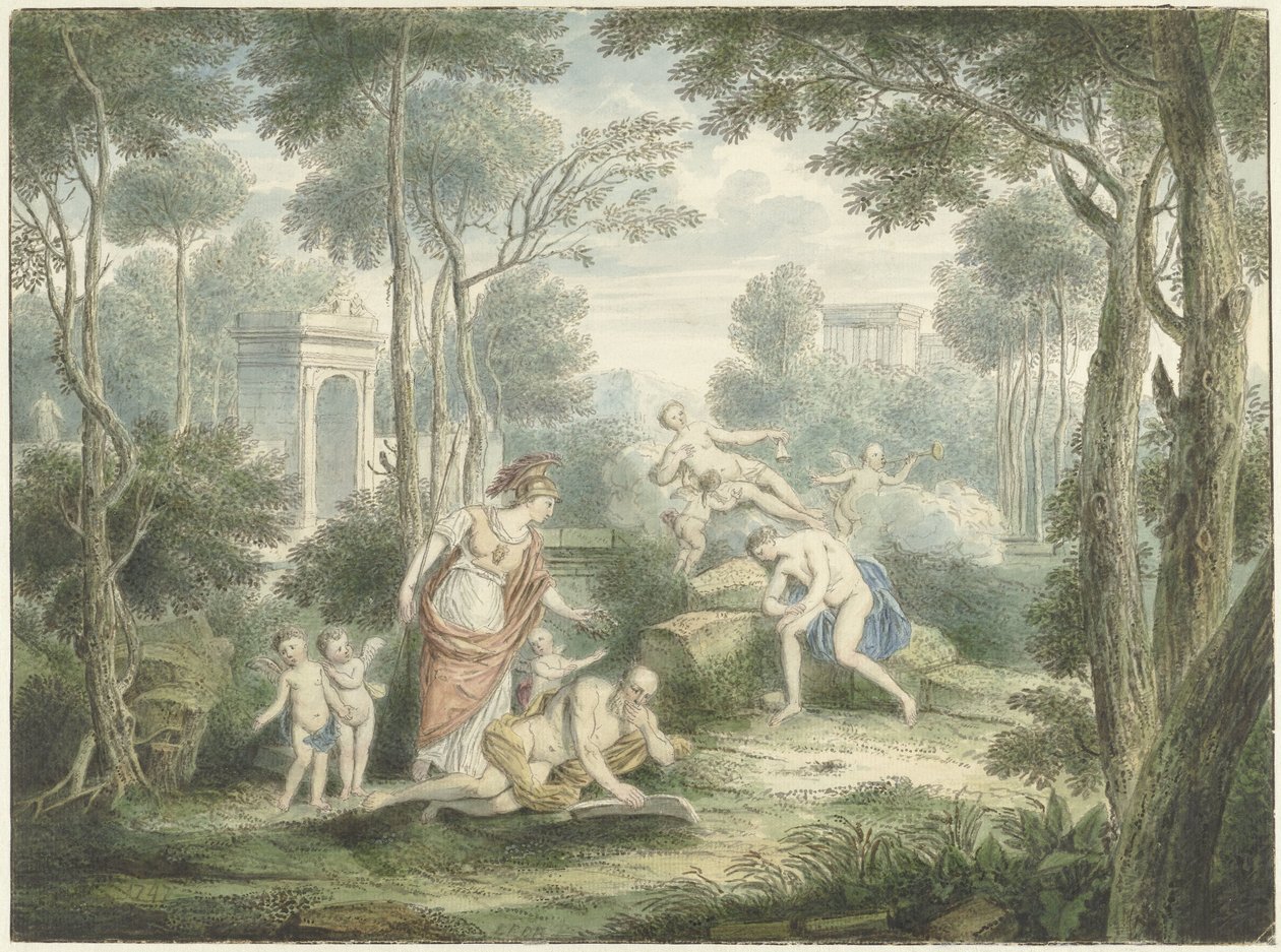Arkadiskt landskap med Athena som kröner en gammal man och Venus och Adonis av Louis Fabritius Dubourg