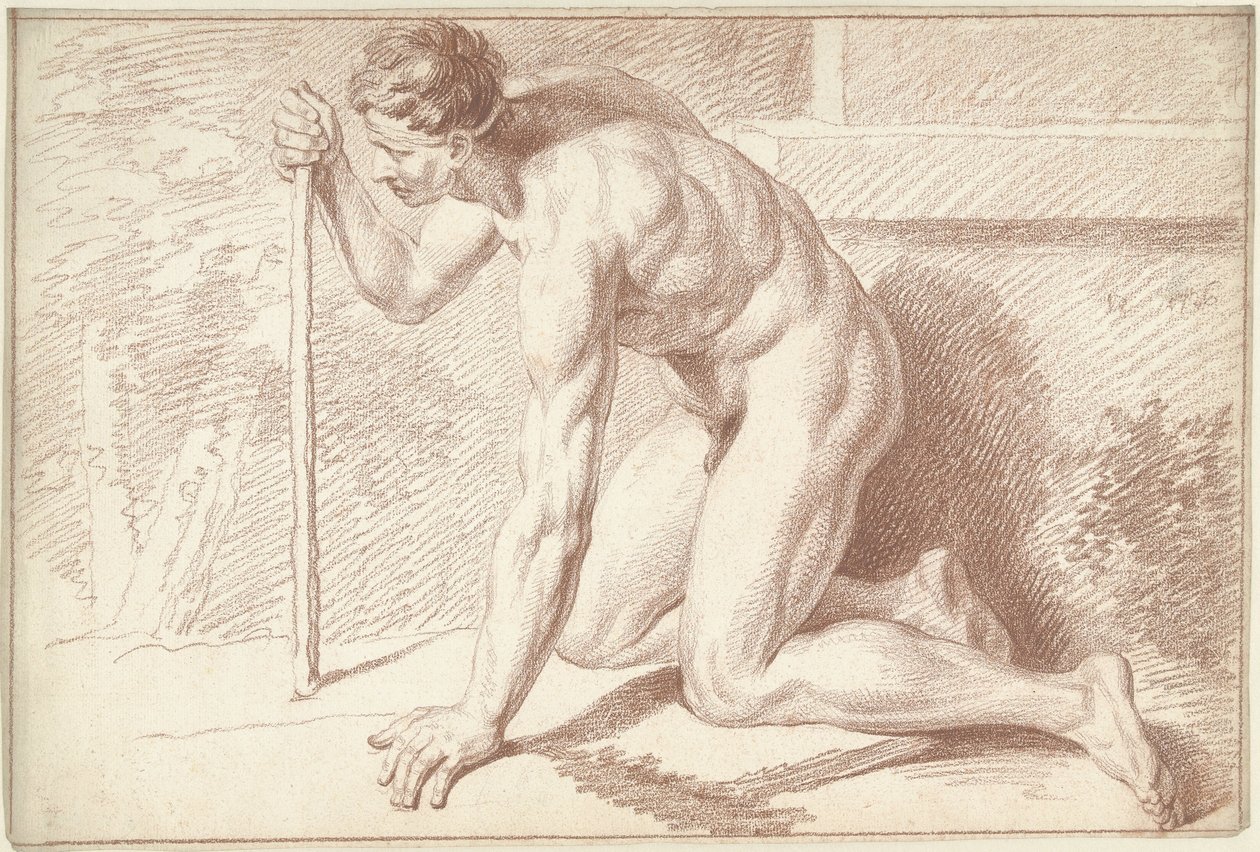 Man naken, knästående, med käpp, vänd åt vänster av Louis Fabritius Dubourg