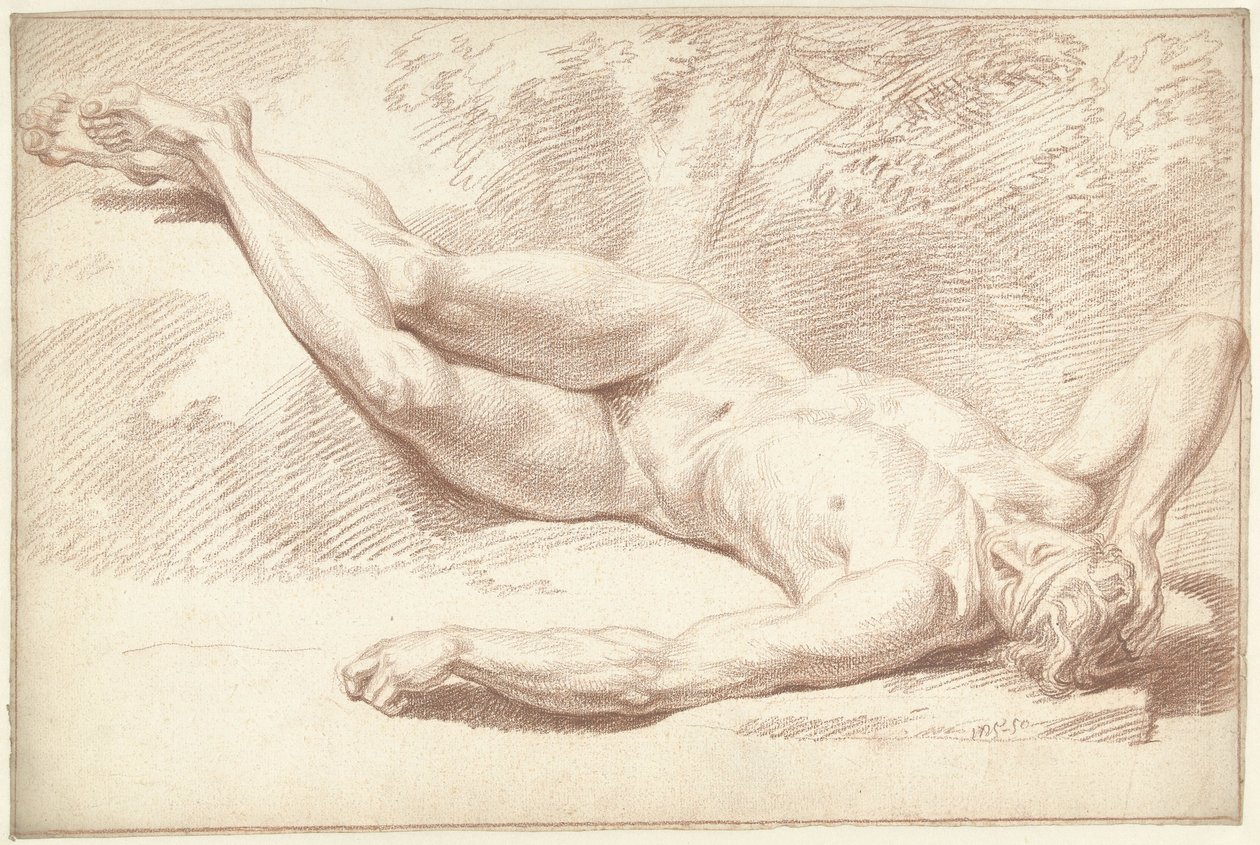 Naken man, liggande på rygg, vänd åt höger av Louis Fabritius Dubourg
