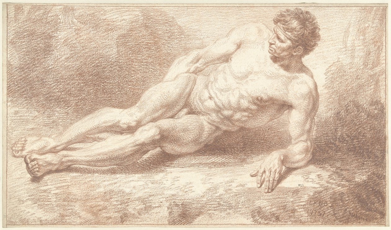 Man naken, liggande på sidan, vilande på vänster arm av Louis Fabritius Dubourg