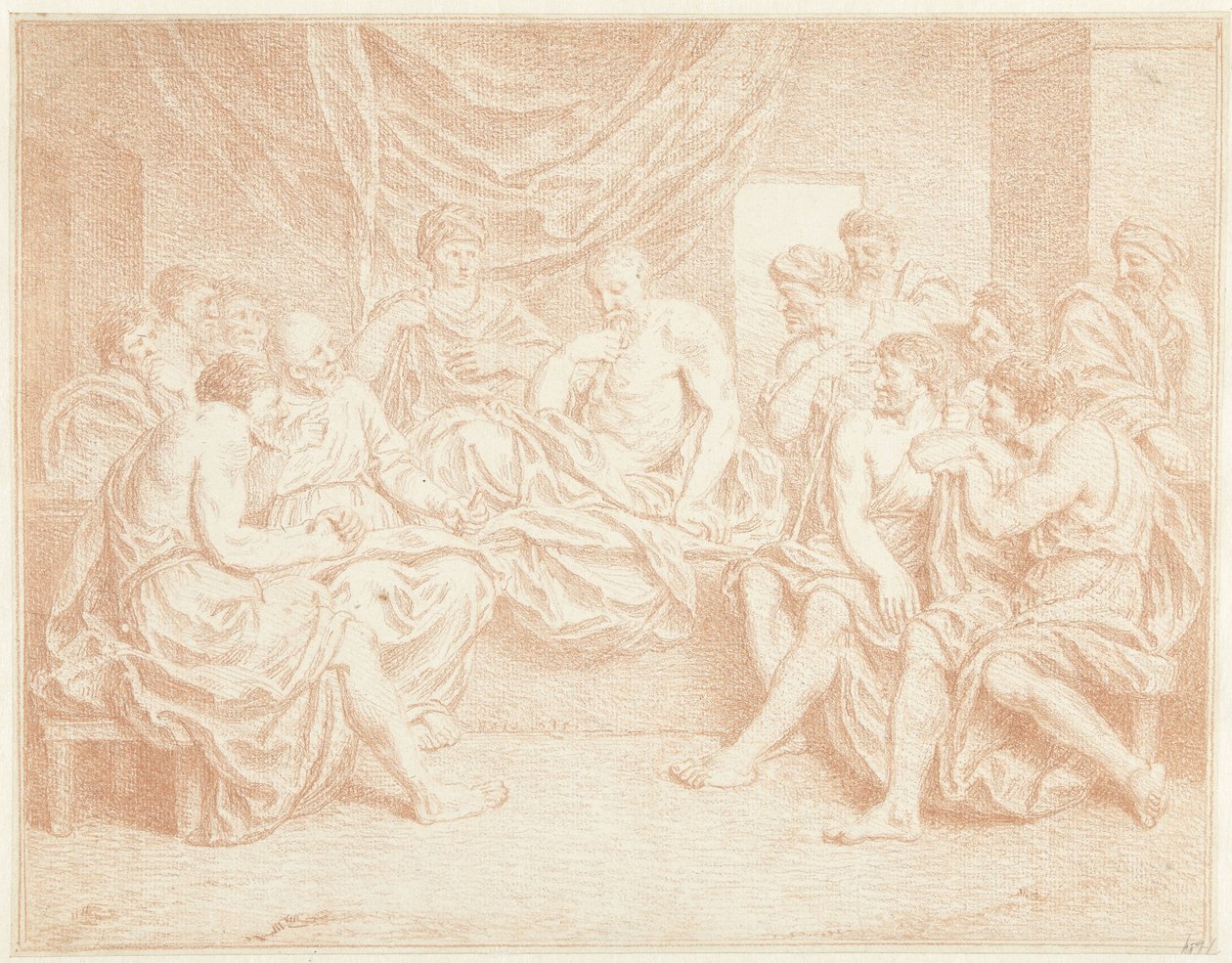 Gammal man på sängen omgiven av människor av Louis Fabritius Dubourg
