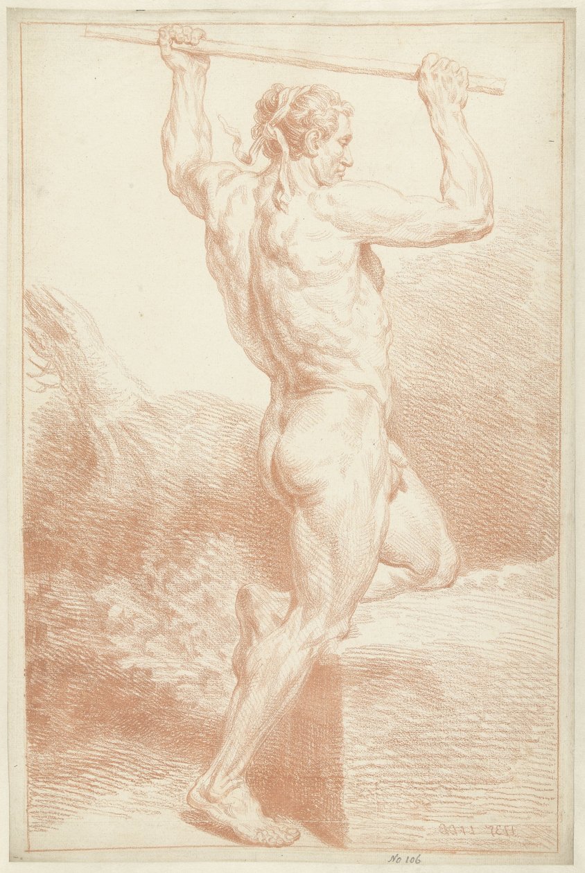 Studie av en manlig naken, på ett knä, med en pinne ovanför huvudet av Louis Fabritius Dubourg