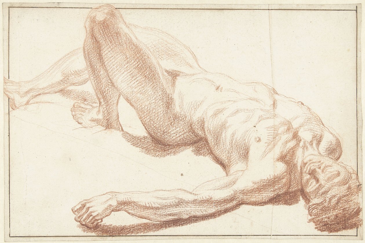 Studie av en manlig naken, liggande på rygg, med raka ben av Louis Fabritius Dubourg