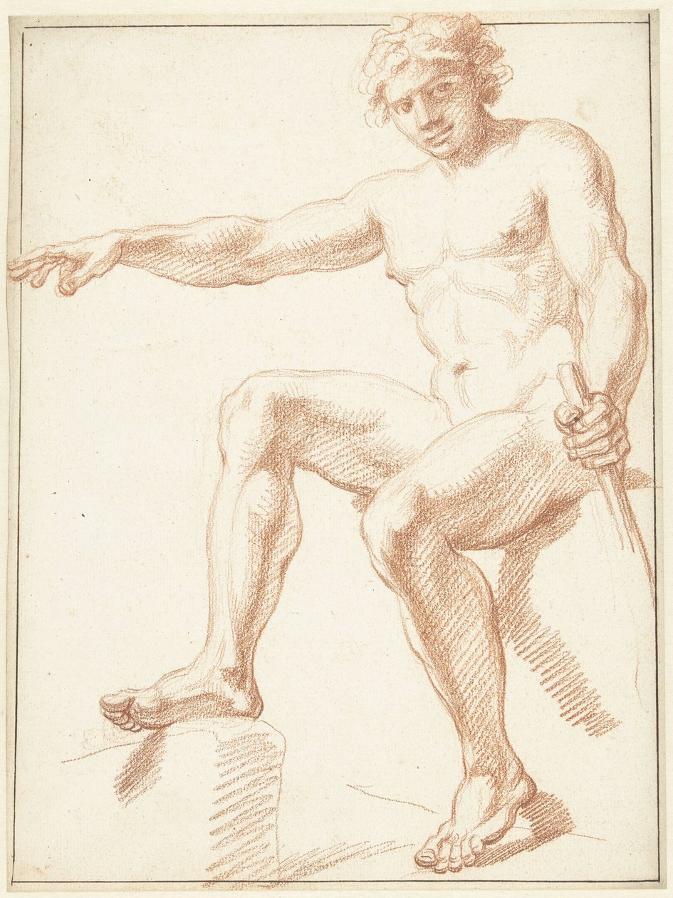 Studie av manlig naken, sittande med utsträckt arm av Louis Fabritius Dubourg