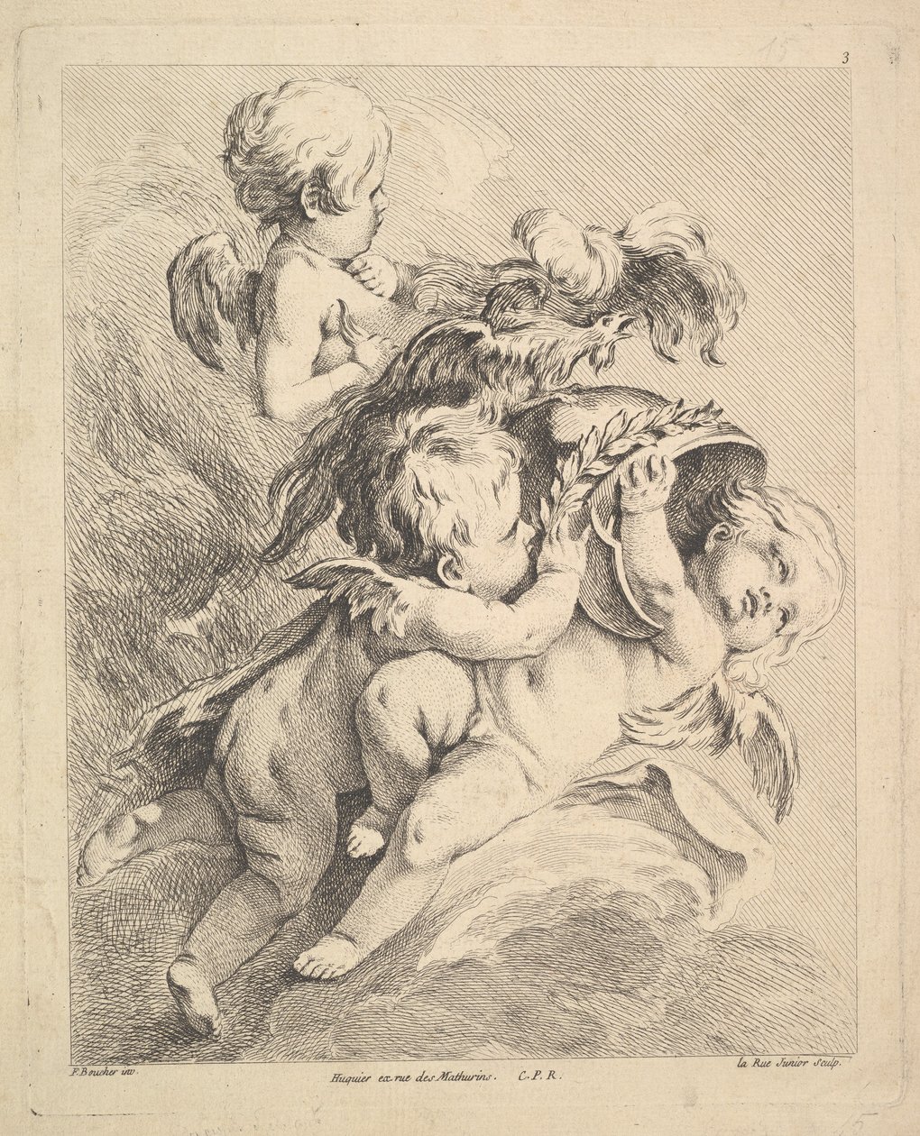 Tre amoriner som håller en hjälm. av Louis Felix de la Rue