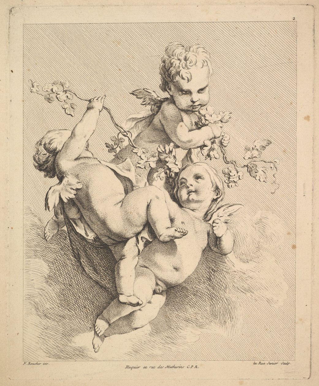 Tre amoriner som leker med vinrankor. av Louis Felix de la Rue