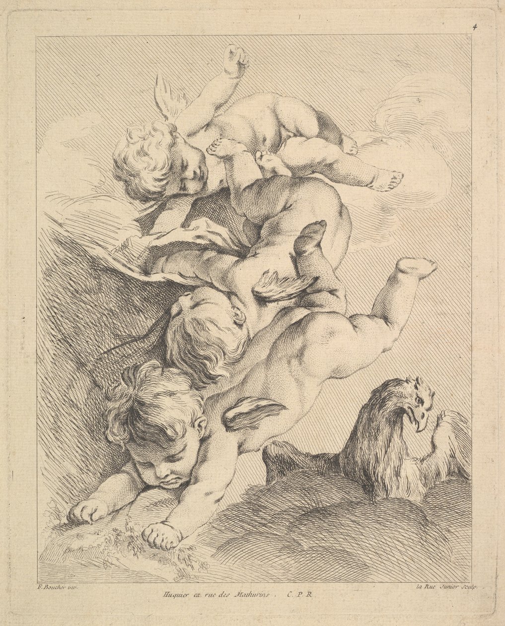 Tre amoriner som vänder en kullerbytta, en örn till höger. av Louis Felix de la Rue