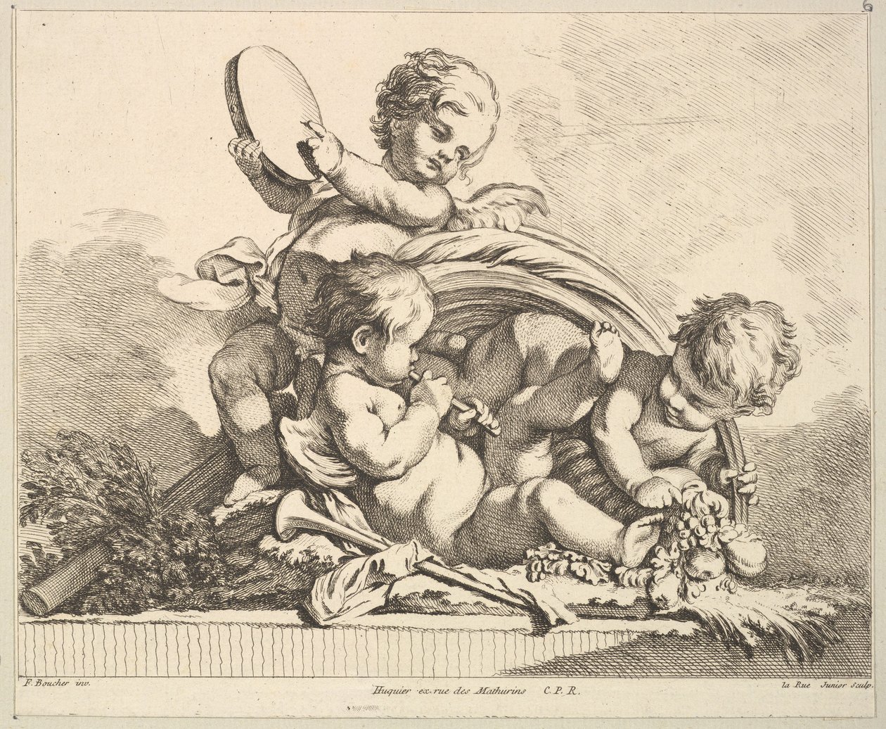 Tre amoriner, två som spelar musik, en håller palmblad. av Louis Felix de la Rue