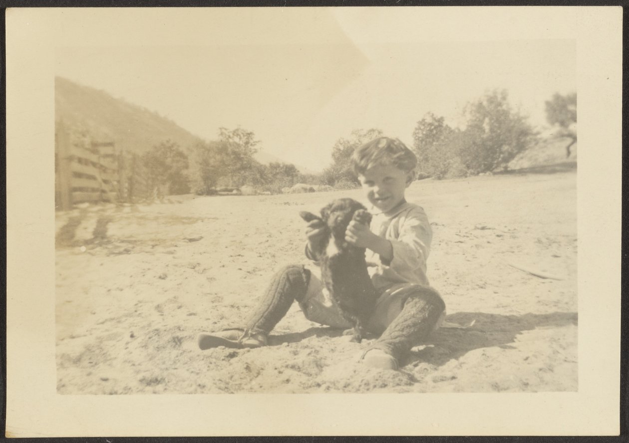 [Pojke och hund på stranden] av Louis Fleckenstein