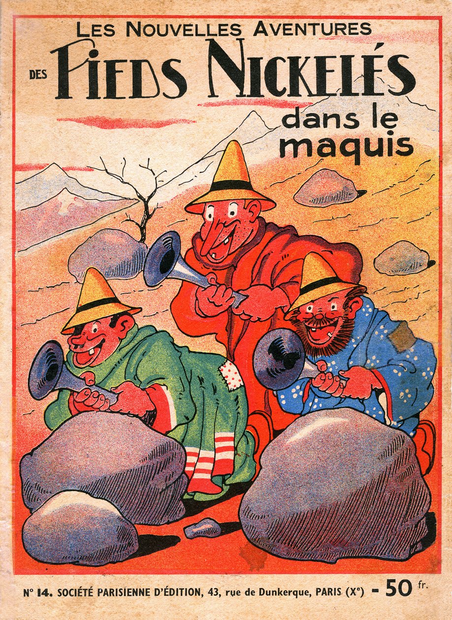 omslag till ett seriealbum av Louis Forton (1879-1934): Les Pieds Nickeles dans le maquis (1949 års upplaga av volym 14 av trions äventyr). Croquignol, Ribouldingue och Filochard på Korsika. ©Gusman/Leemage av Louis Forton