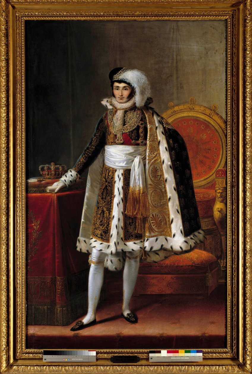 Porträtt till fots av Jerome Bonaparte (1784-1860) kung av Westfalen. I kostym som befälhavare av Orden av kungliga kronan av Wesphalia, cirka 1810. Målning tillskriven Louis Francois Aubry (1767-1851) eller Francois Joseph Kinson (Kinsoen) (1770-1839). av Louis Francois (attr. to) Aubry