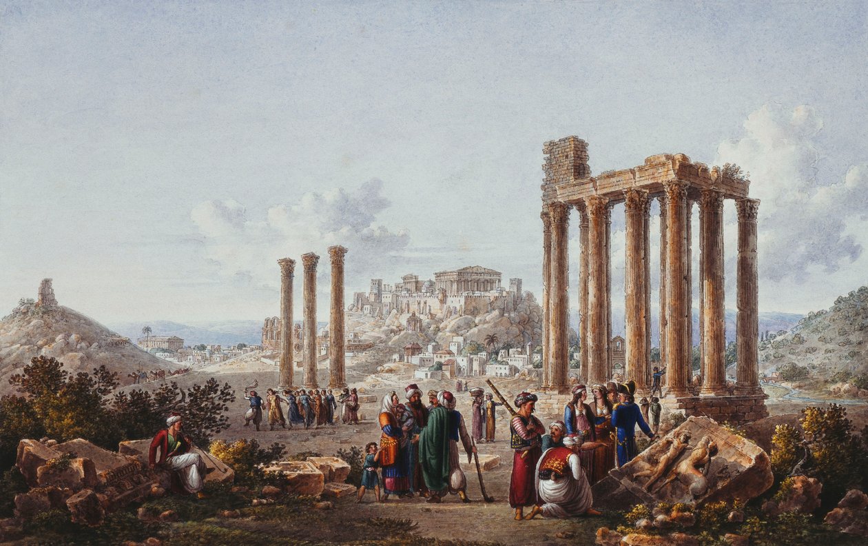 En utsikt över Akropolis, Aten, från Zeus tempel i Olympia, ca 1786-87 av Louis Francois Cassas