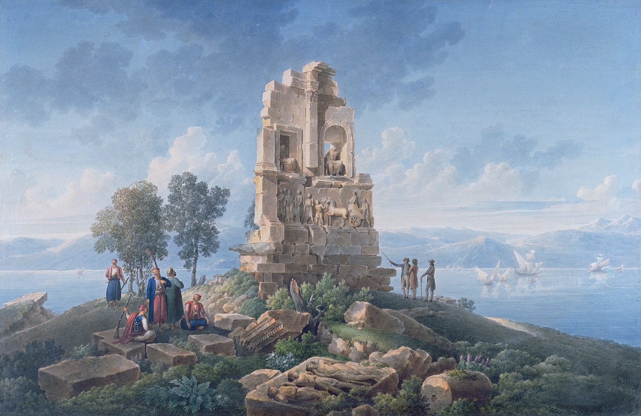 Philopappus grav i Aten, med resenärer. 1821 (bläck och akvareller) av Louis Francois Cassas