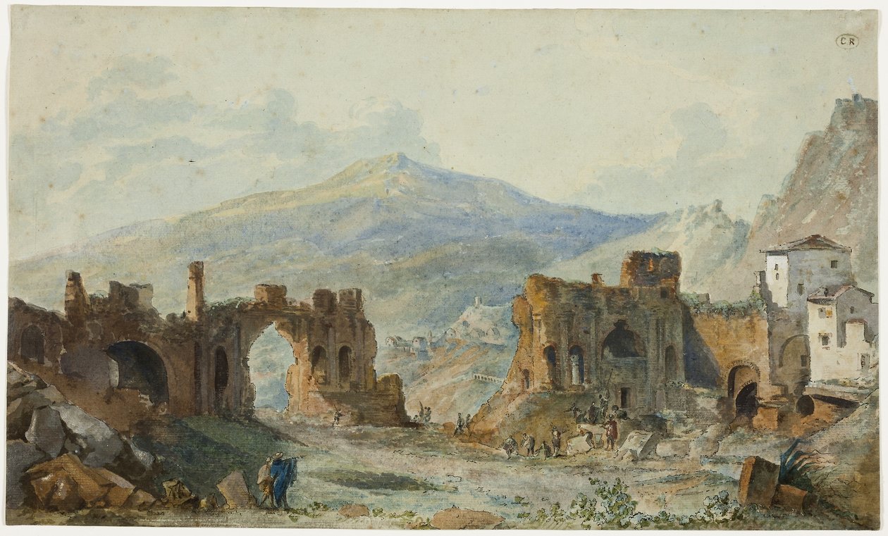 Den antika teatern i Taormina med utsikt över Etna, studie för Saint Non