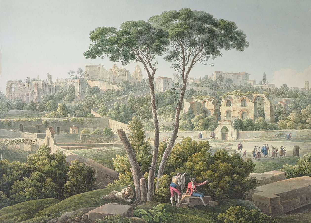 Utsikt över Palatinen i Rom, med ruinerna av Cesarpalatset i bakgrunden, ca 1800 av Louis Francois Cassas