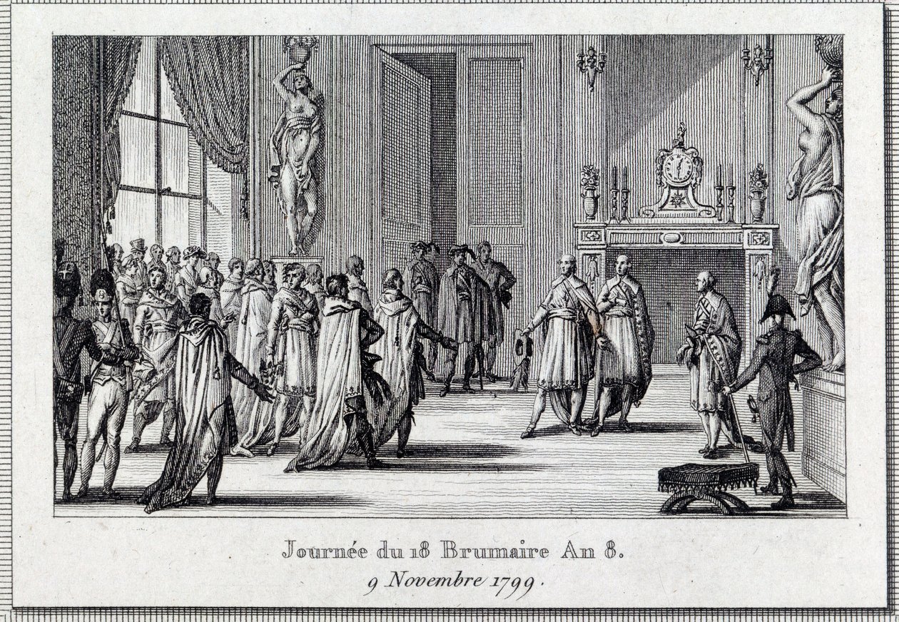 Konsulat: "" Napoleon Bonaparte (1769-1821) vid Saint Clouds möte den 18 brumaire (9/11/1799)" Statskuppen för de 18 brumaire av Napoleon Bonaparte vid femcents konciliet (fem cents) ) (rum på 500), skyddad av grenadjärer, avslutar D av Louis Francois Couche