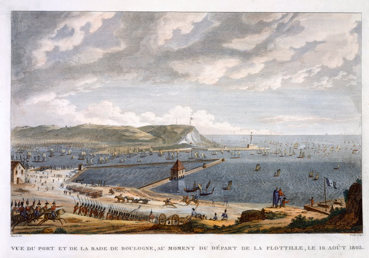 "Utsikt över hamnen och väggården i Boulogne vid flottiljens avgång, 16 augusti 1803" av Louis Francois Couche