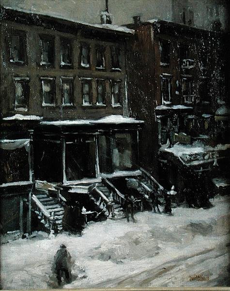 En New York Street Scene (olja på duk nedlagd på masonit) av Louis Frederick Berneker