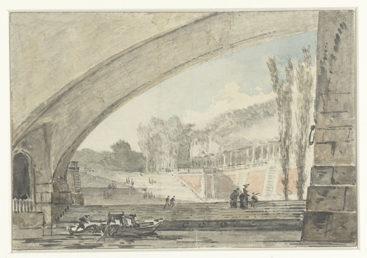 Utsikt under en bro till terrasser och en trappa av Louis Gabriel Moreau