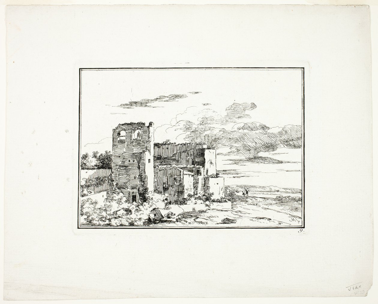 Ruinerade byggnader nära en flodbank, plansch 9 från Quatrieme suite de paysages dessinés et grave a l