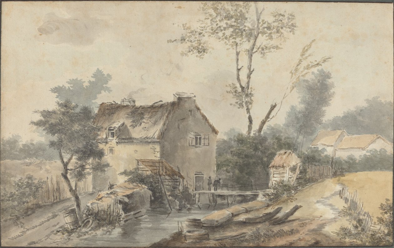 Kvarn med bro och figurer av Louis Gabriel Moreau the Elder