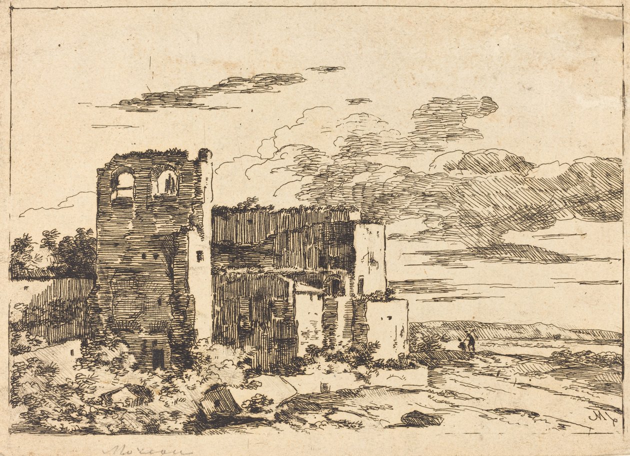 Förstörda byggnader nära en flodbank av Louis Gabriel Moreau the Elder