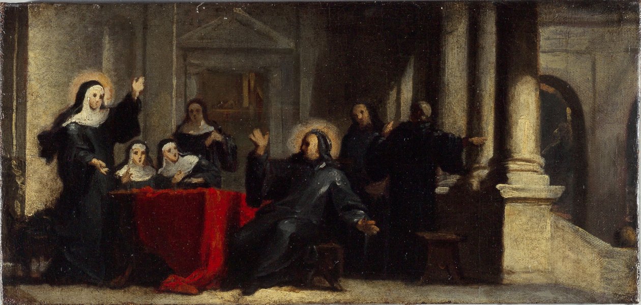 Sankt Scholastika får regn och åska från himlen för att hindra Sankt Benedictus från att lämna henne. Skiss till målningen i refektoriet i klostret Saint-Martin-des-Champs, ca 1706 (olja på duk) av Louis Galloche