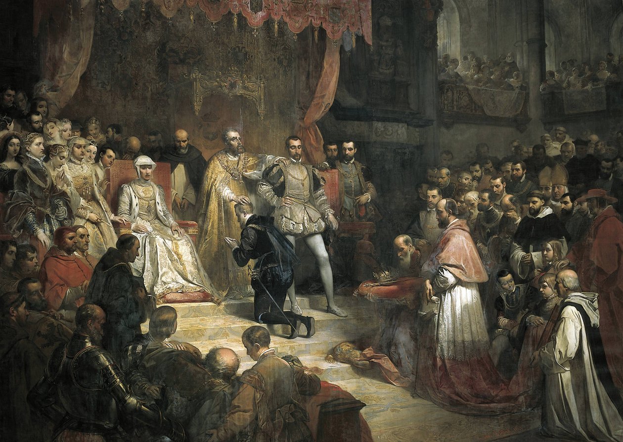 Abdikationen av Karl V (1500-1558) till förmån för hans son Filip II (1527-1598) av Louis Galna