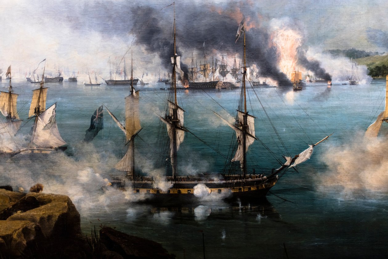 Slaget vid Navarin; vy från sydspetsen av ön Sphacteria av Louis Garneray