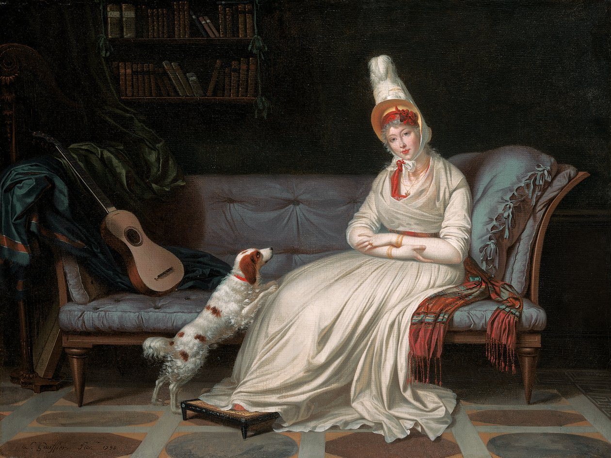 Porträtt av Elizabeth, Lady Webster, senare Lady Holland, i en vit klänning med sin spaniel Pierrot, ca 1795 av Louis Gauffier