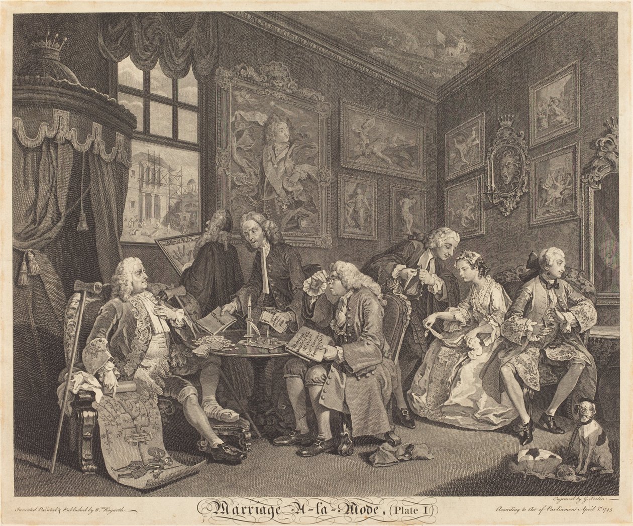Äktenskap a la Mode: pl.1 av Louis Gerard Scotin after William Hogarth