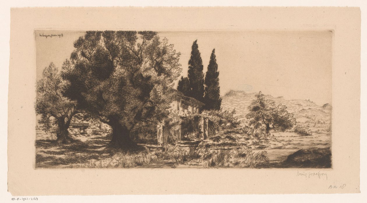 Gezicht op Les Lecques och Saint-Cyr-sur-Mer Les Lecques juni 1918 (titel på objekt) av Louis Godefroy (signed by artist)