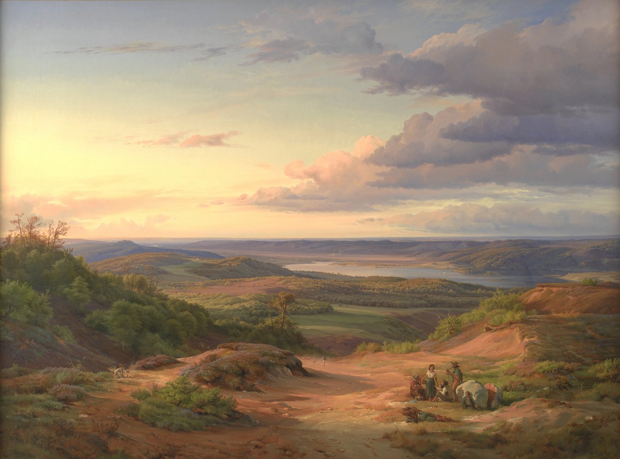 Ett landskap nära Himmelbjerget, Jylland. I förgrunden en zigenarfamilj av Louis Gurlitt