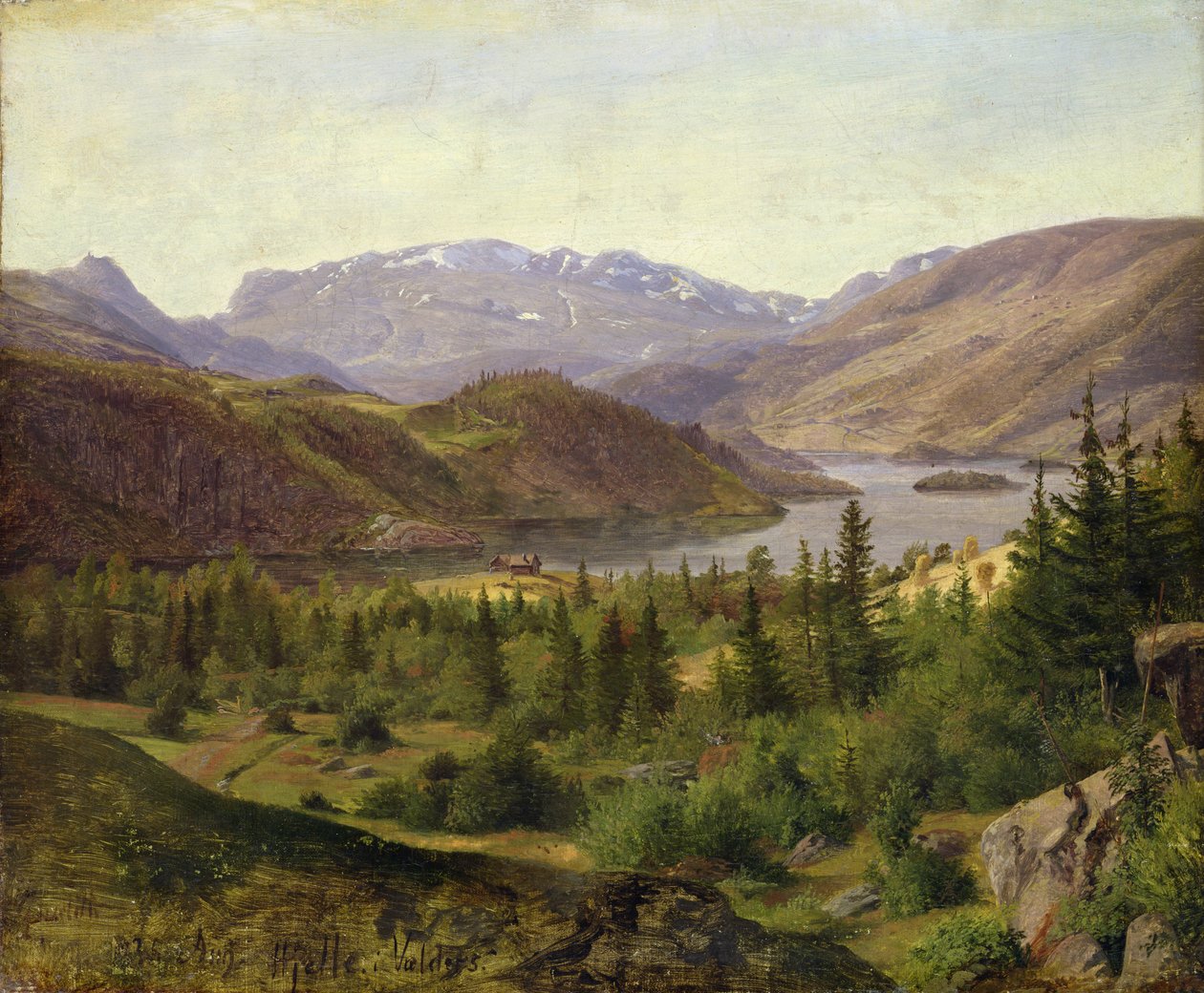 Hjelle i Valders, Tile Fjord, 1835 (olja på duk på kartong) av Louis Gurlitt
