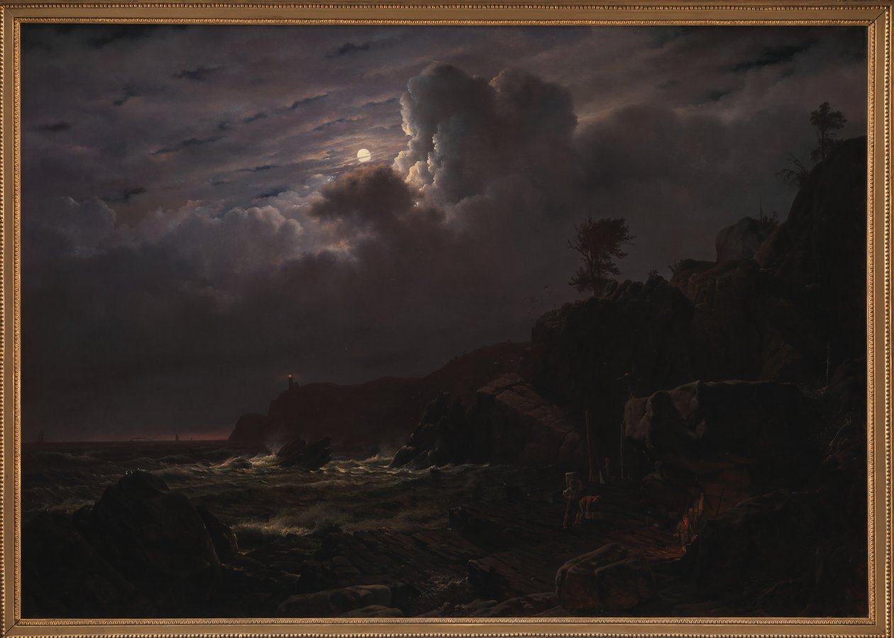 Utsikt över Kullen i Sverige. Smugglare som gömmer sina varor bland klipporna. Månsken av Louis Gurlitt