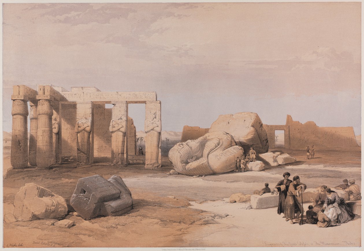 Egypten och Nubien, volym II: Fragment of the Great Colossi at the Memnonium, Thebe, 1847. av Louis Haghe