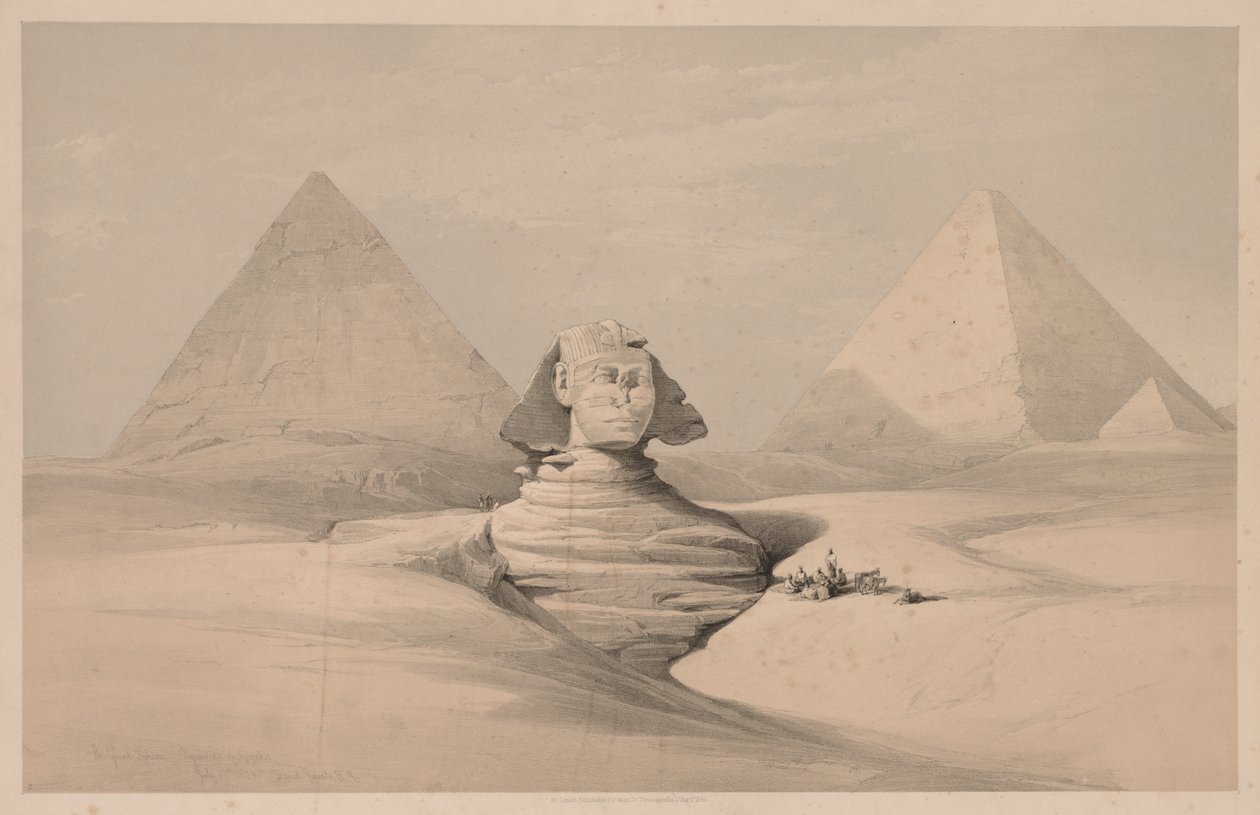 Egypten och Nubien: Volym I - nr 18, Den stora sfinxen, Pyramiderna i Gizeh, framifrån, 1839. av Louis Haghe