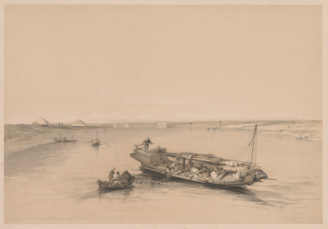 Egypten och Nubien: Volym I - nr 4, Slavbåtar på Nilen, View Looking Towards..., 1838. av Louis Haghe