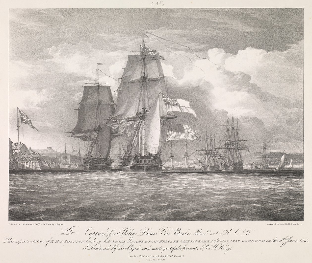 HMS "Shannon" leder sitt pris, den amerikanska fregatten "Chesapeake" (1806), in i Halifax hamn, Nova Scotia, den 6 juni 1813, ca 1815 (litografi) av Louis Haghe