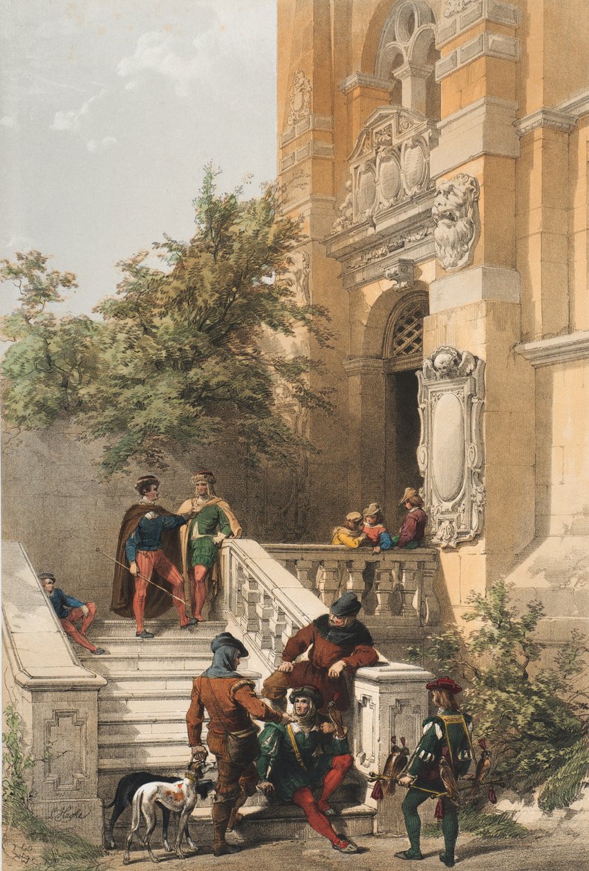 Heidelberg (tjänare och hovmän på marmorverandan på ett slott), 1850 av Louis Haghe