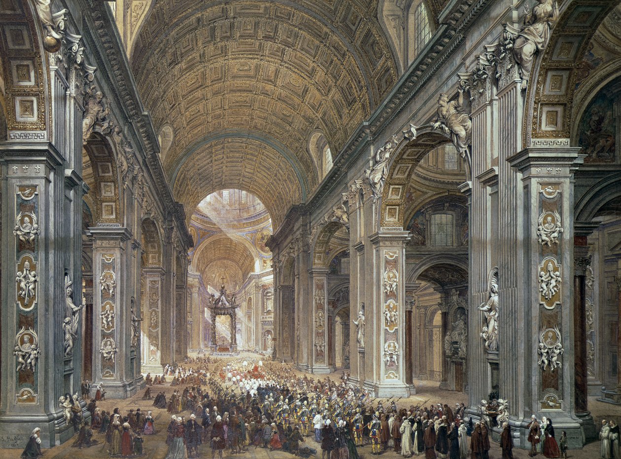 St. Peters inredning, Rom, 1867 (penna och wc på papper) av Louis Haghe