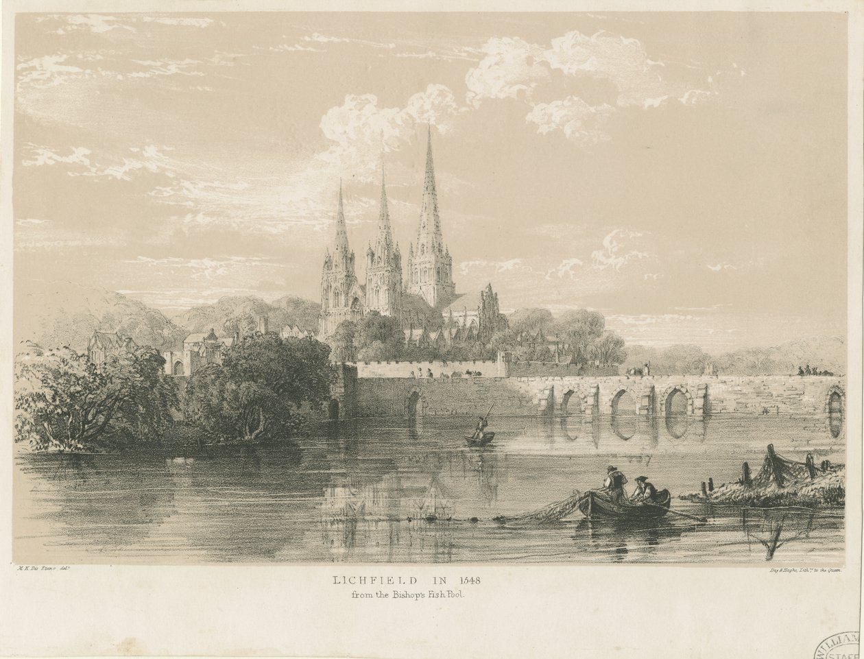 Lichfield Cathedral - South West View: tonad litografi, 1548 av Louis Haghe