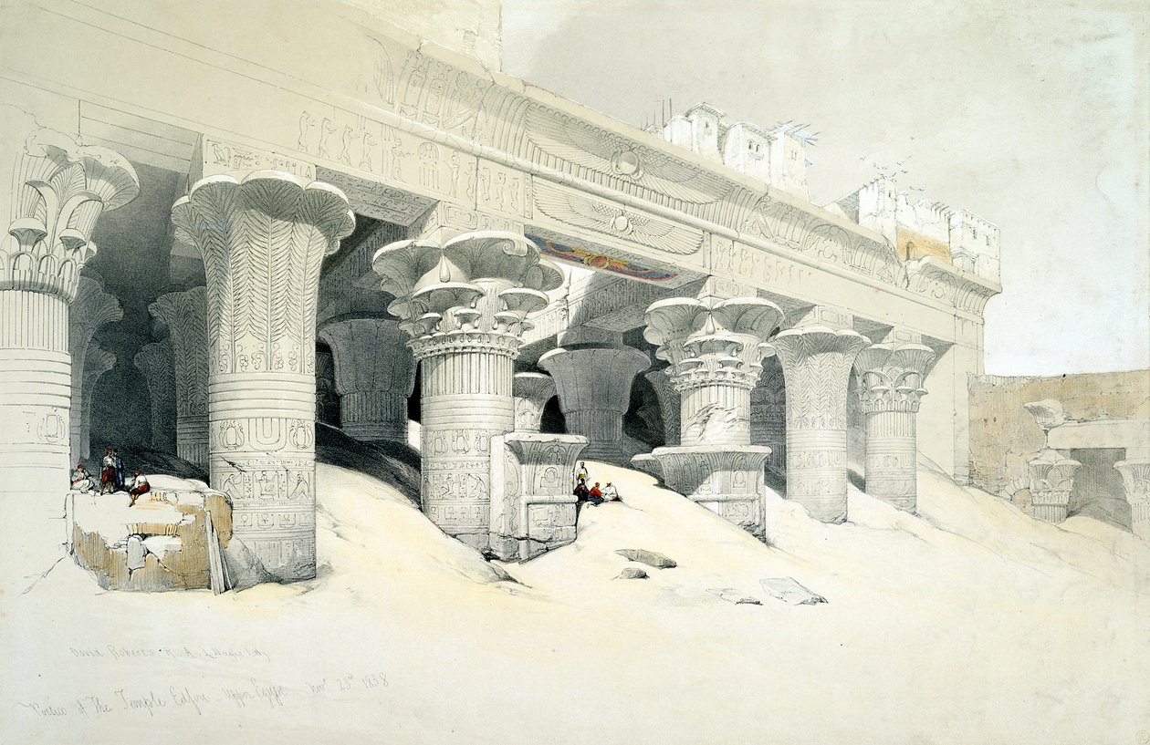 Portik av sandstentemplet Edfu tillägnad den falkhövdade guden Horus, Egypten, 1838 av Louis Haghe
